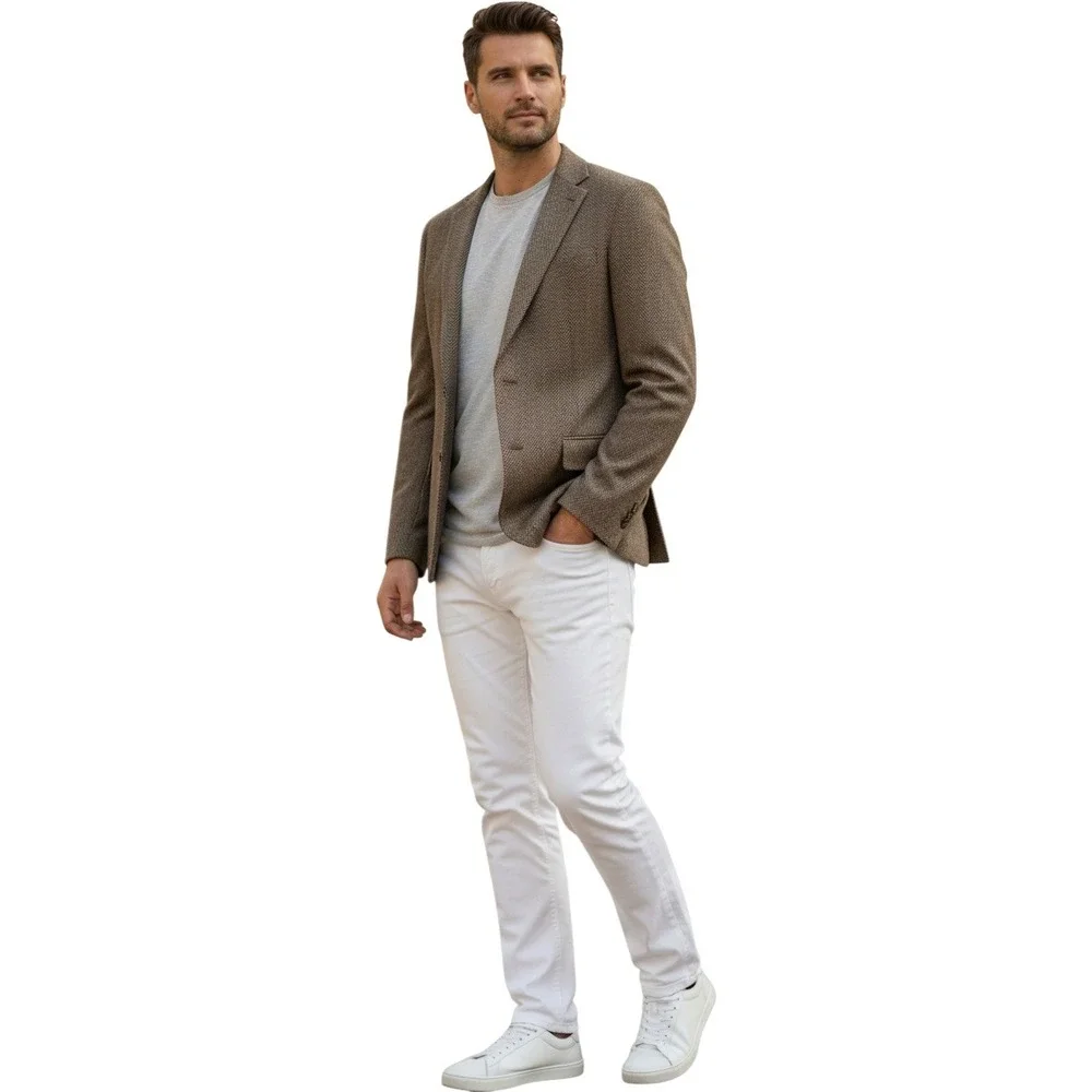 DellaPenna Mens 100% Pure Wool Herringbone Tweed Blazer Tan Brwn Made in USA 42S